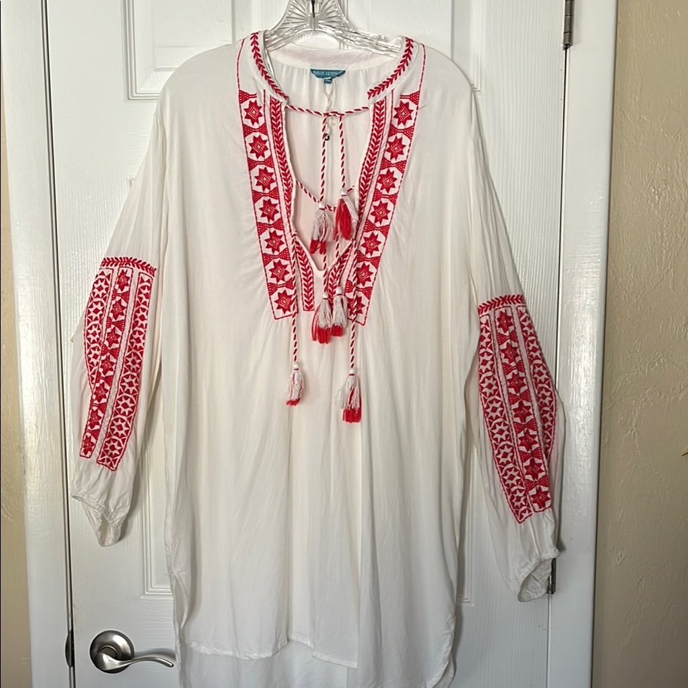 Blue Island boho embroidered long sleeve dress v neck large fringe tassels XL